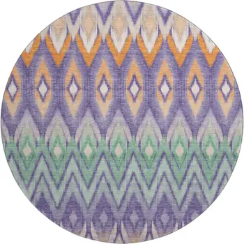 8' Purple Mint Green And Beige Southwestern Washable Round Rug With UV Protection