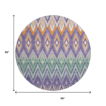 8' Purple Mint Green And Beige Southwestern Washable Round Rug With UV Protection