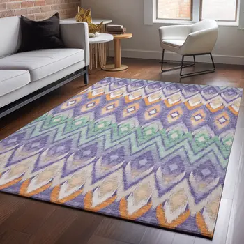 10' X 14' Purple Mint Green And Beige Southwestern Washable Area Rug With UV Protection