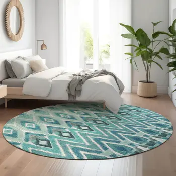 8' Teal White And Gray Southwestern Washable Round Rug With UV Protection