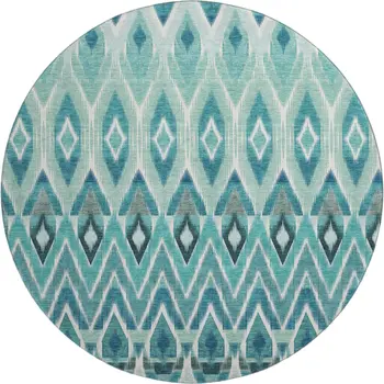 8' Teal White And Gray Southwestern Washable Round Rug With UV Protection