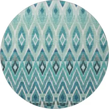 8' Teal White And Gray Southwestern Washable Round Rug With UV Protection