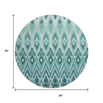 8' Teal White And Gray Southwestern Washable Round Rug With UV Protection