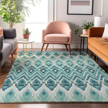 8' X 10' Teal White And Gray Southwestern Washable Area Rug With UV Protection