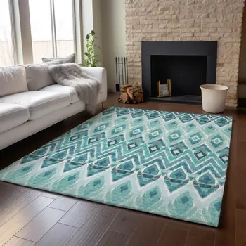 8' X 10' Teal White And Gray Southwestern Washable Area Rug With UV Protection