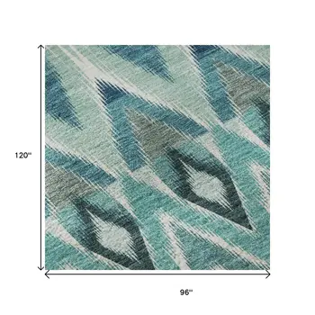 8' X 10' Teal White And Gray Southwestern Washable Area Rug With UV Protection