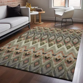 5' X 8' Taupe Olive Green And Beige Southwestern Washable Area Rug With UV Protection