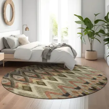 8' Taupe Olive Green And Beige Southwestern Washable Round Rug With UV Protection