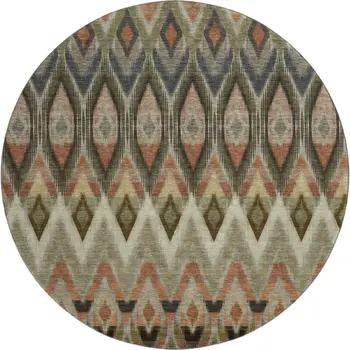 8' Taupe Olive Green And Beige Southwestern Washable Round Rug With UV Protection