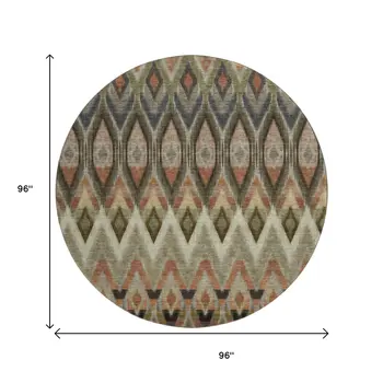 8' Taupe Olive Green And Beige Southwestern Washable Round Rug With UV Protection