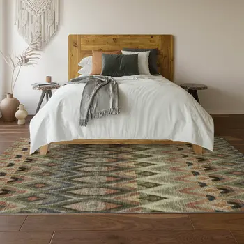 10' X 14' Taupe Olive Green And Beige Southwestern Washable Area Rug With UV Protection