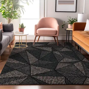 3' X 5' Black And Ivory Geometric Washable Area Rug With UV Protection