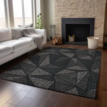 3' X 5' Black And Ivory Geometric Washable Area Rug With UV Protection