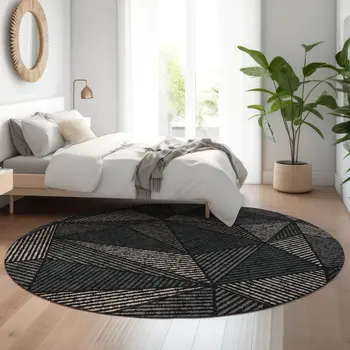 8' Black And Ivory Geometric Washable Round Rug With UV Protection