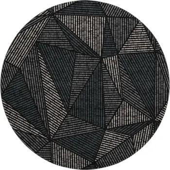 8' Black And Ivory Geometric Washable Round Rug With UV Protection