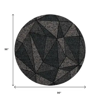 8' Black And Ivory Geometric Washable Round Rug With UV Protection
