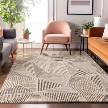 5' X 8' Brown And Beige Geometric Washable Area Rug With UV Protection