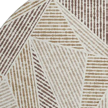 8' Brown And Beige Geometric Washable Round Rug With UV Protection
