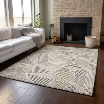 8' X 10' Brown And Beige Geometric Washable Area Rug With UV Protection