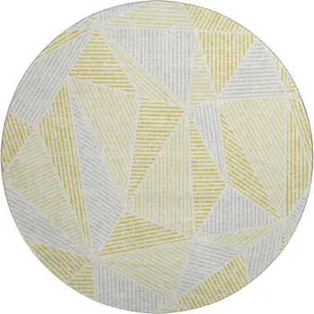 8' Gold And Gray Geometric Washable Round Rug With UV Protection