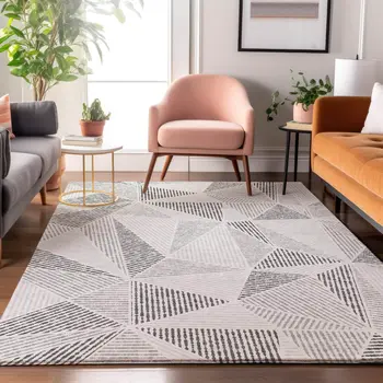 3' X 5' Gray And Silver Geometric Washable Area Rug With UV Protection