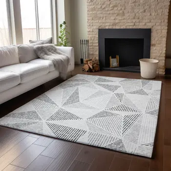 3' X 5' Gray And Silver Geometric Washable Area Rug With UV Protection