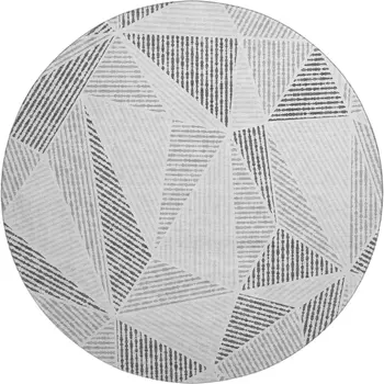 8' Gray And Silver Geometric Washable Round Rug With UV Protection