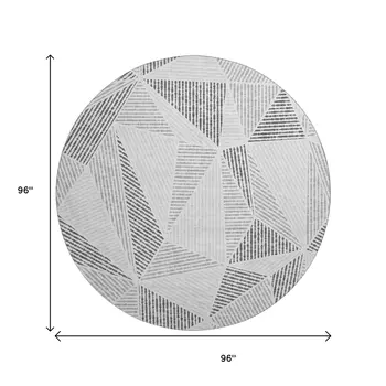 8' Gray And Silver Geometric Washable Round Rug With UV Protection