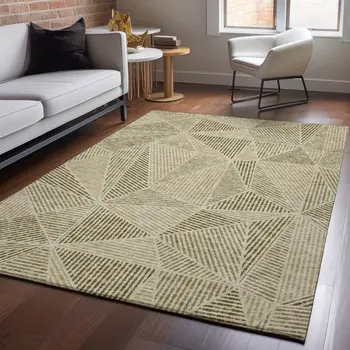 3' X 5' Khaki And Beige Geometric Washable Area Rug With UV Protection