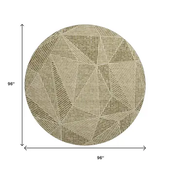 8' Khaki And Beige Geometric Washable Round Rug With UV Protection