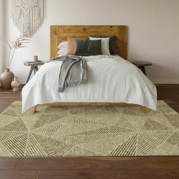 9' X 12' Khaki And Beige Geometric Washable Area Rug With UV Protection
