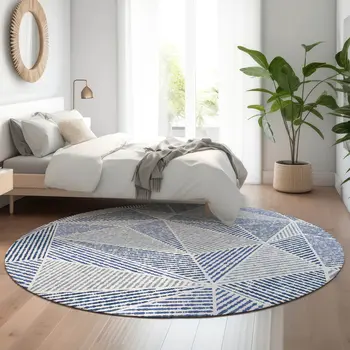 8' Navy Blue And Ivory Geometric Washable Round Rug With UV Protection
