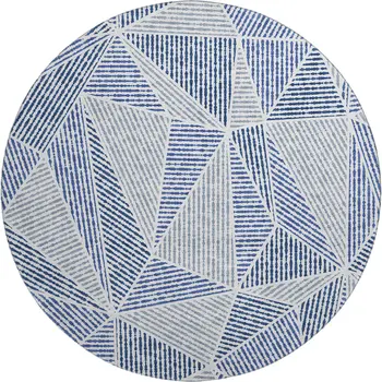 8' Navy Blue And Ivory Geometric Washable Round Rug With UV Protection