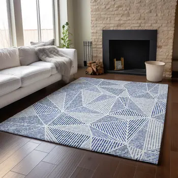 8' X 10' Navy Blue And Ivory Geometric Washable Area Rug With UV Protection