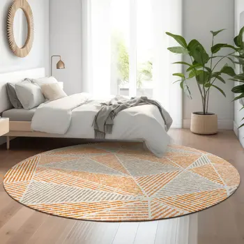 8' Orange And Gray Geometric Washable Round Rug With UV Protection