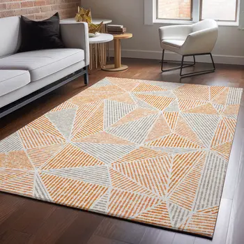 9' X 12' Orange And Gray Geometric Washable Area Rug With UV Protection