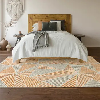 9' X 12' Orange And Gray Geometric Washable Area Rug With UV Protection