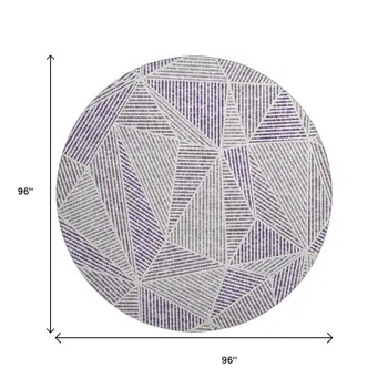 8' Purple And Silver Geometric Washable Round Rug With UV Protection