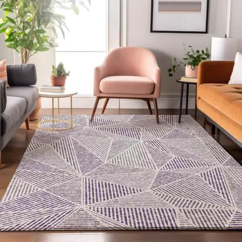 8' X 10' Purple And Silver Geometric Washable Area Rug With UV Protection