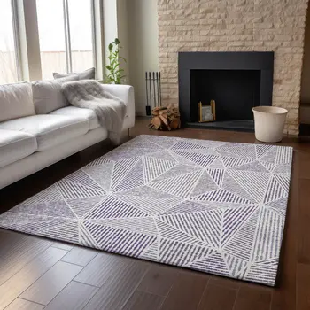 8' X 10' Purple And Silver Geometric Washable Area Rug With UV Protection