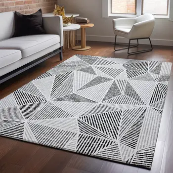 3' X 5' Pewter And Silver Geometric Washable Area Rug With UV Protection