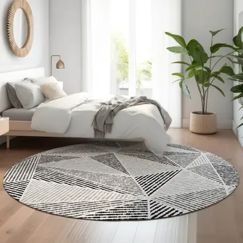 8' Pewter And Silver Geometric Washable Round Rug With UV Protection
