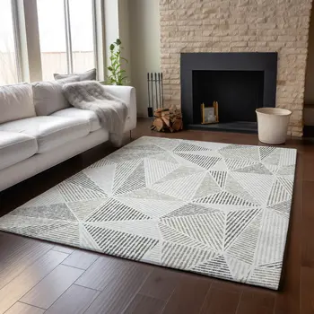 5' X 8' Taupe And Silver Geometric Washable Area Rug With UV Protection