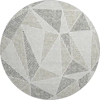 8' Taupe And Silver Geometric Washable Round Rug With UV Protection