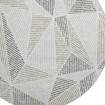8' Taupe And Silver Geometric Washable Round Rug With UV Protection