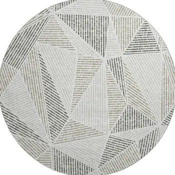 8' Taupe And Silver Geometric Washable Round Rug With UV Protection
