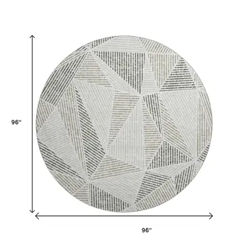 8' Taupe And Silver Geometric Washable Round Rug With UV Protection