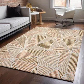 3' X 5' Terra Cotta And Beige Geometric Washable Area Rug With UV Protection