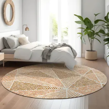 8' Terra Cotta And Beige Geometric Washable Round Rug With UV Protection