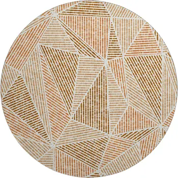 8' Terra Cotta And Beige Geometric Washable Round Rug With UV Protection